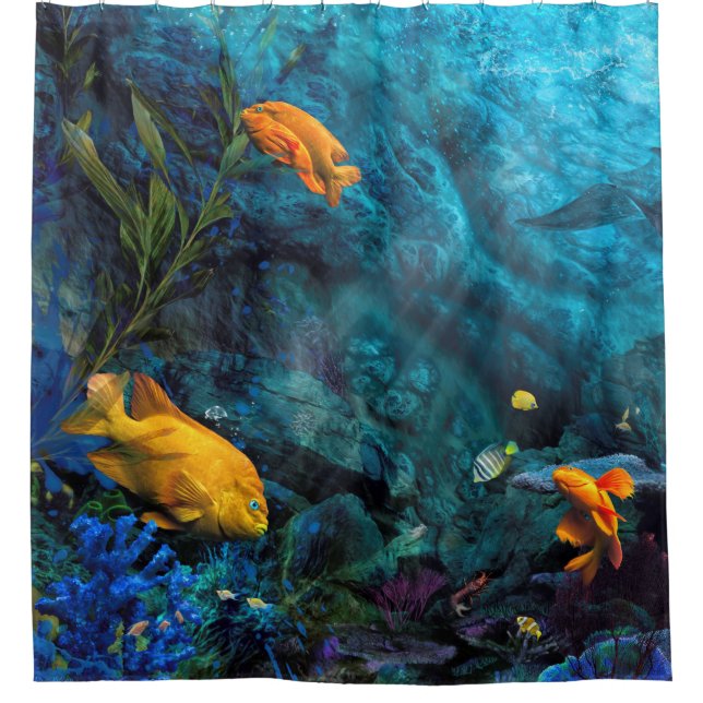 ORANGE FISH BLAUE OCEAN DUSCHVORHANG (Vorderseite)
