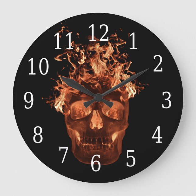 Orange Flaming Skull Round Clock Große Wanduhr (Vorderseite)