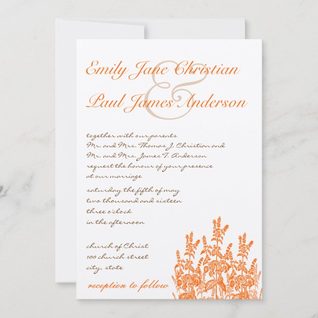 Orange Fleurs sauvages et Font Wedding Invitations (Devant)