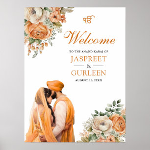 Orange Floral Anand Karaj Wedding Welcome Sign Poster