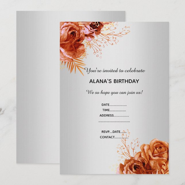 ORANGE FLORAL BOUQUET ELEGANT JEDEN ANLASS SILVER EINLADUNG (Vorne/Hinten)