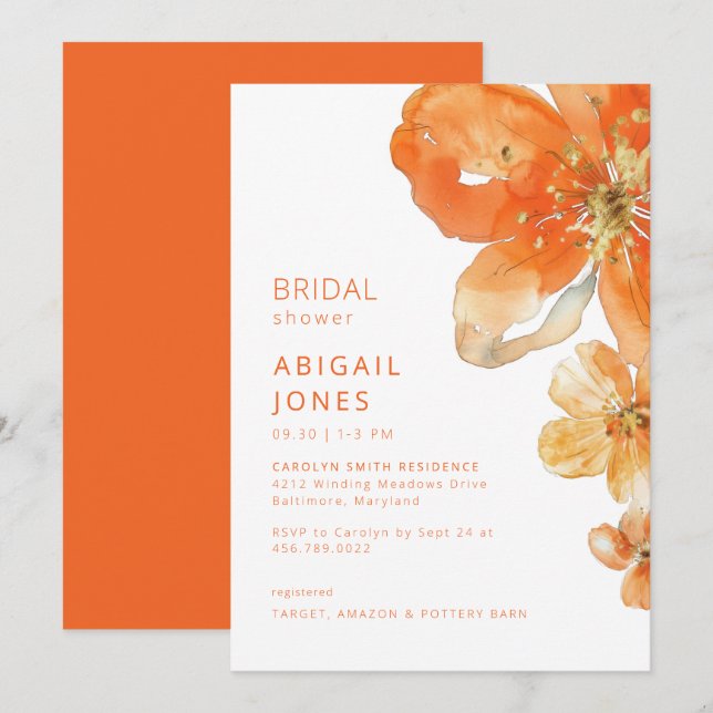 Orange Floral Brautparty II Einladung (Vorne/Hinten)