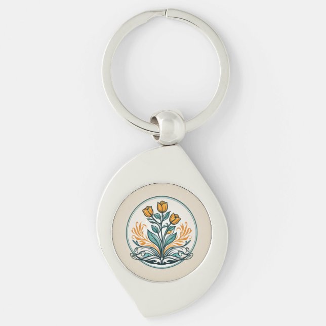 Orange Floral Button Schlüsselanhänger (Vorderseite)