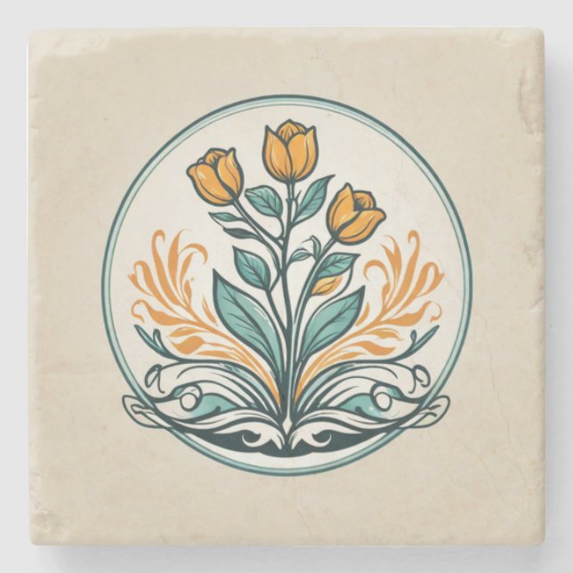 Orange Floral Button Steinuntersetzer (Vorderseite)