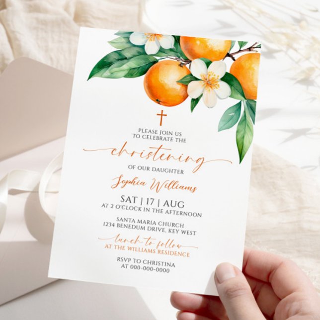 Orange Floral Christening Einladung (Von Creator hochgeladen)
