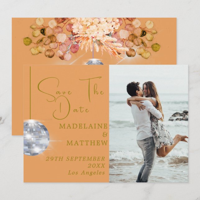 Orange Floral Disco Save the Date Hochzeit (Vorne/Hinten)