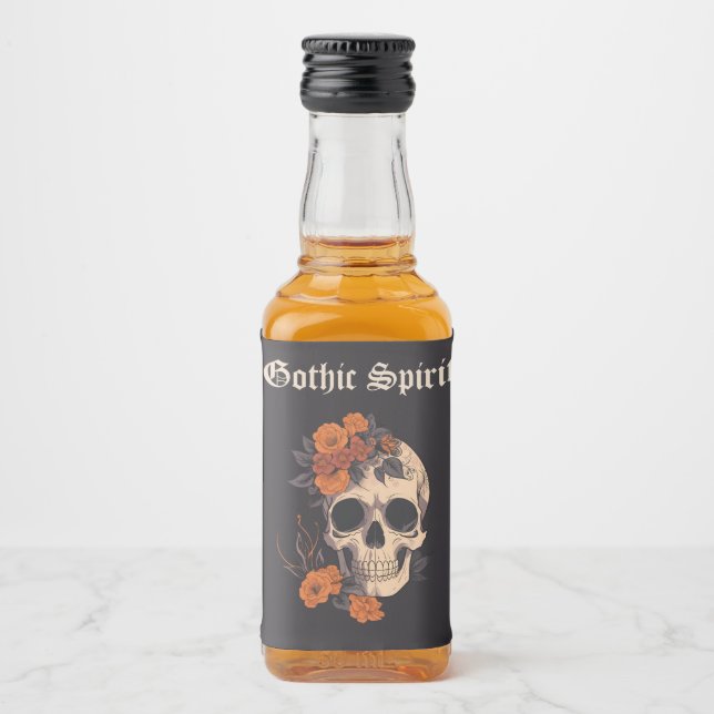 Orange Floral Elegant Skull Monogram Wedding mini Alkoholflaschenetikett (Vorderseite)