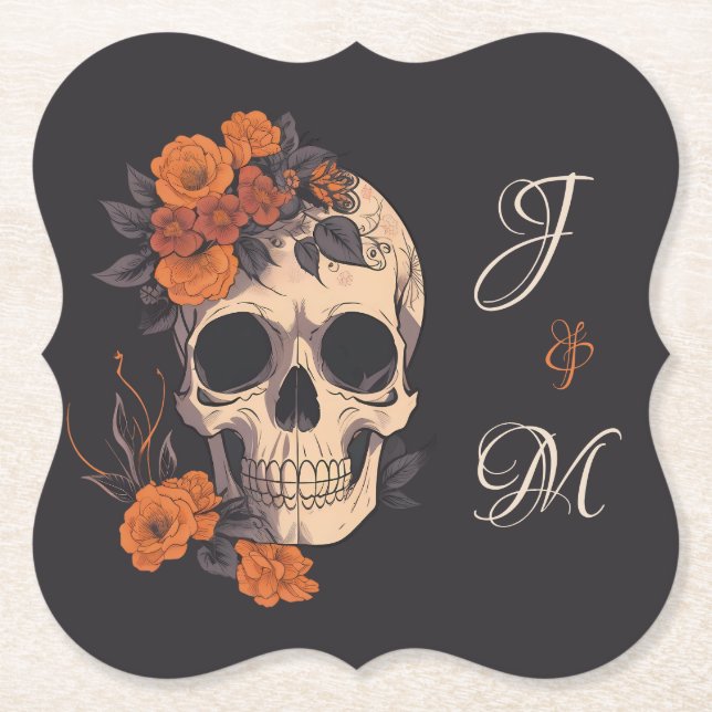 Orange Floral Elegant Skull Monogram Wedding Untersetzer (Vorderseite)