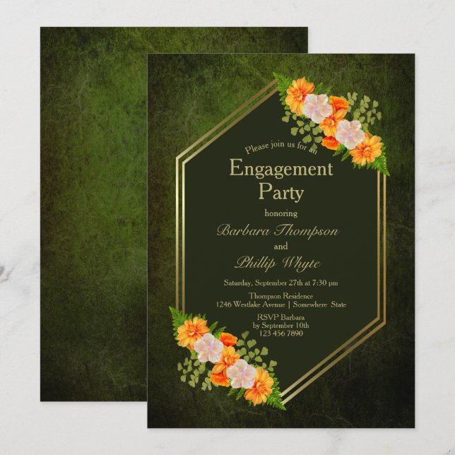 Orange Floral Gold Border Green Engagement Party Einladung (Vorne/Hinten)