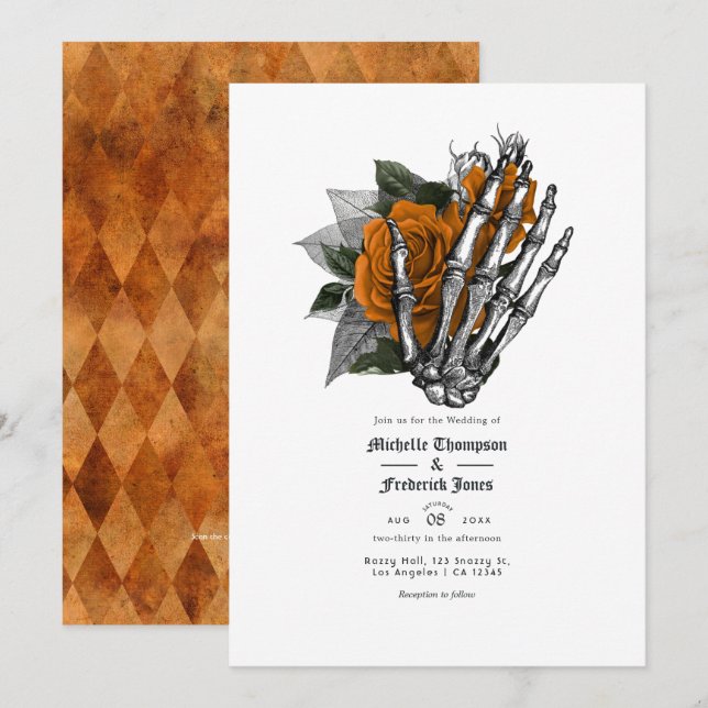 Orange Floral Gothic Wedding QR Code Einladung (Vorne/Hinten)