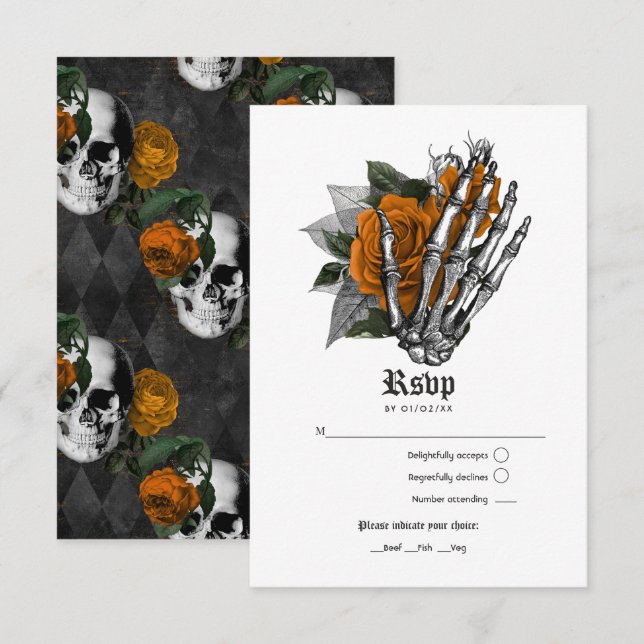 Orange Floral Gothic Wedding RSVP Karte (Vorne/Hinten)