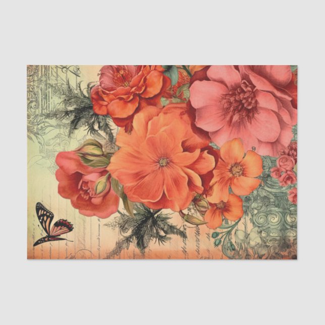 Orange Floral Junk Journal Decoupage Seidenpapier (Vorderseite)