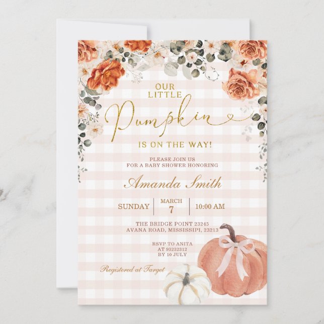 Orange Floral Little Pumpkin Gingham Baby Shower Einladung (Vorderseite)