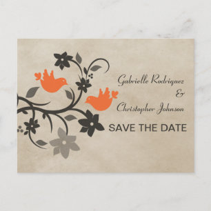 Orange Floral Lovebirds Save the Date Postkarte