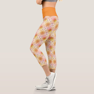Orange Floral Mandala Circle Batik Muster Capri Leggings