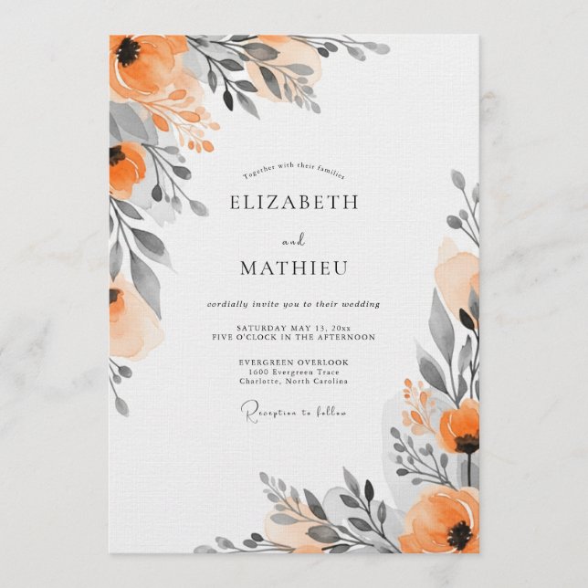 Orange Floral Painterly Wedding Einladung (Vorderseite)