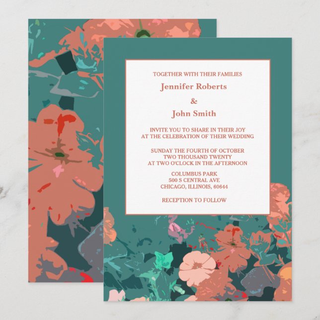 Orange Floral Peach Blume Grünes Leaf Art Wedding Einladung (Vorne/Hinten)