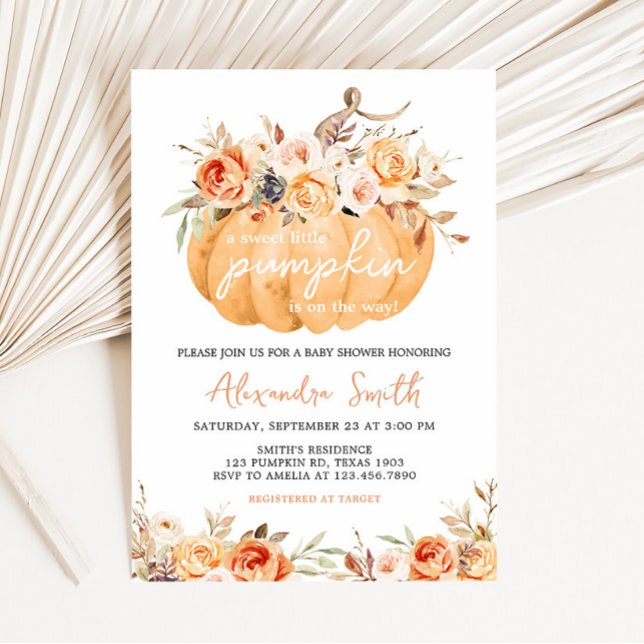 Orange Floral Pumpkin Baby Dusche Einladung (Pumpkin Floral Baby Shower Invitation)