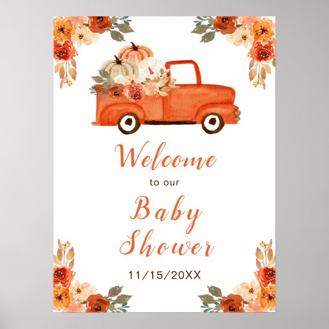 Orange Floral Pumpkin Truck Baby Dusche Poster (Vorne)