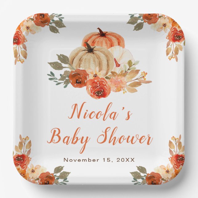 Orange Floral Pumpkins Baby Dusche Pappteller (Vorderseite)