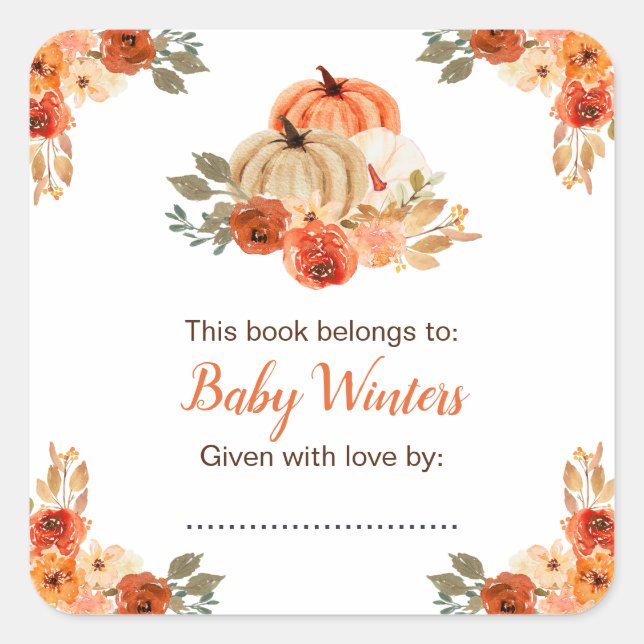 Orange Floral Pumpkins Baby Dusche Quadratischer Aufkleber (Vorderseite)