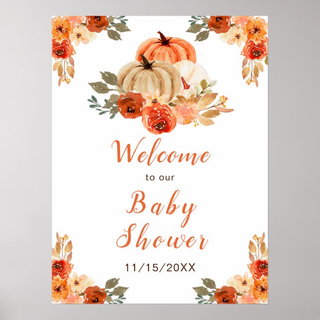 Orange Floral Rustic Pumpkins Baby Dusche Poster (Vorne)