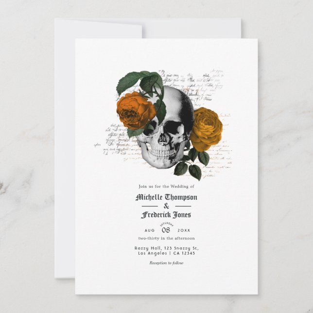 Orange Floral Skull Gothic Hochzeitseinladung Einladung (Vorderseite)