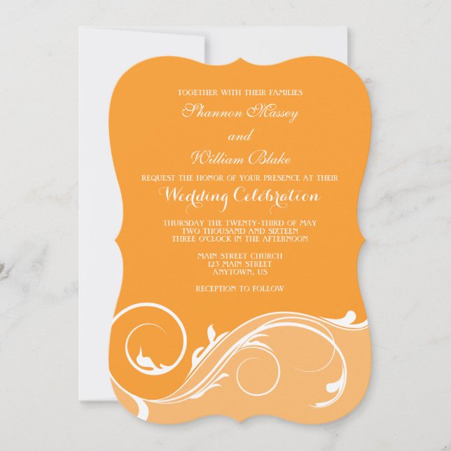 Orange floral Swirl Bracket Wedites Einladungen (Vorderseite)