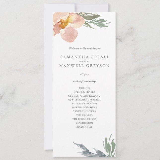 Orange Floral Tea Length Wedding Programm (Vorderseite)