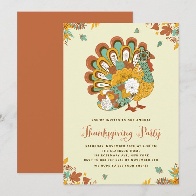 Orange Floral Türkei Erntedank Party Einladung (Vorne/Hinten)
