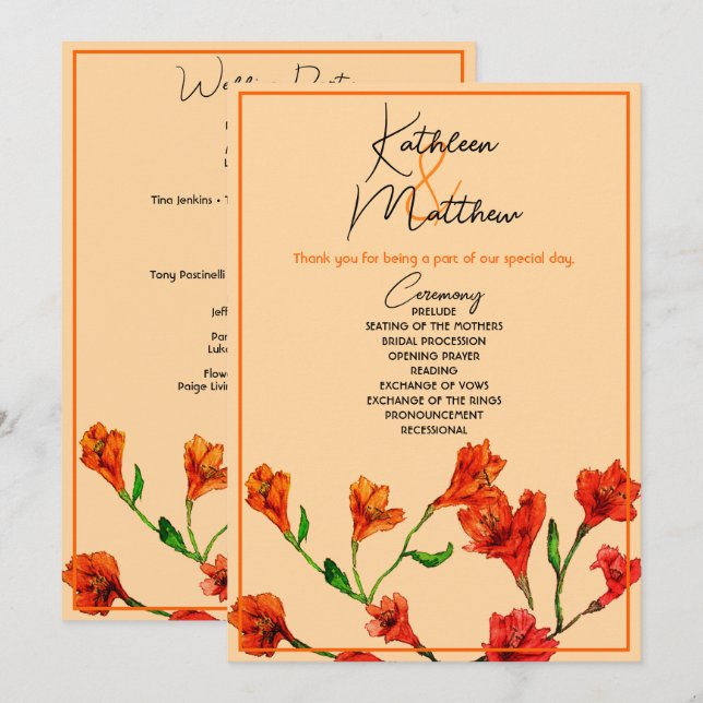 Orange Floral Watercolor Hochzeit Programm (Vorne/Hinten)