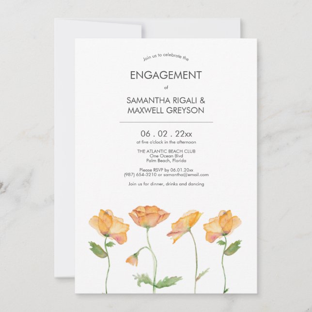 Orange Floral Watercolor Pupies Engagement Party Einladung (Vorderseite)