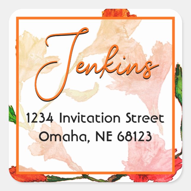 Orange Floral Watercolor Square Sticker (Vorderseite)