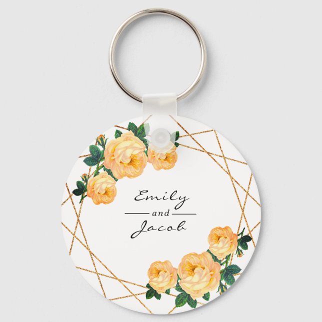 Orange Floral Wed Eleganter Gold Glitzer Geometris Schlüsselanhänger (Vorderseite)