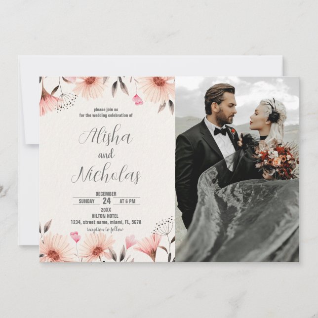 Orange Floral Wedding Einladungen mit Foto (Vorderseite)