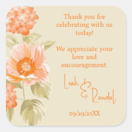 Orange Floral Wedding Quadratischer Aufkleber