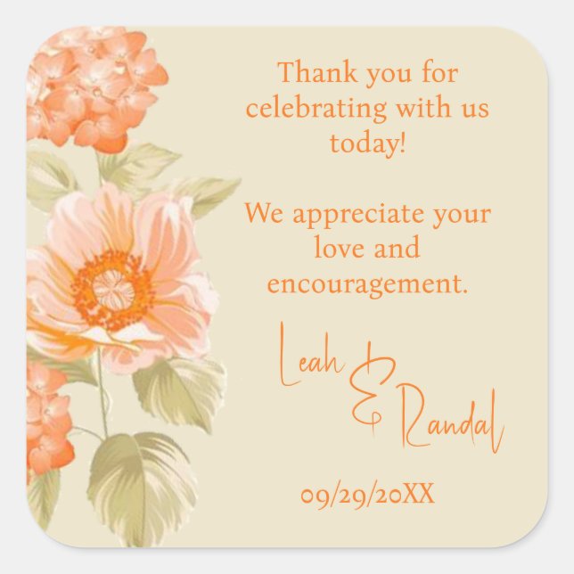 Orange Floral Wedding Quadratischer Aufkleber (Vorderseite)