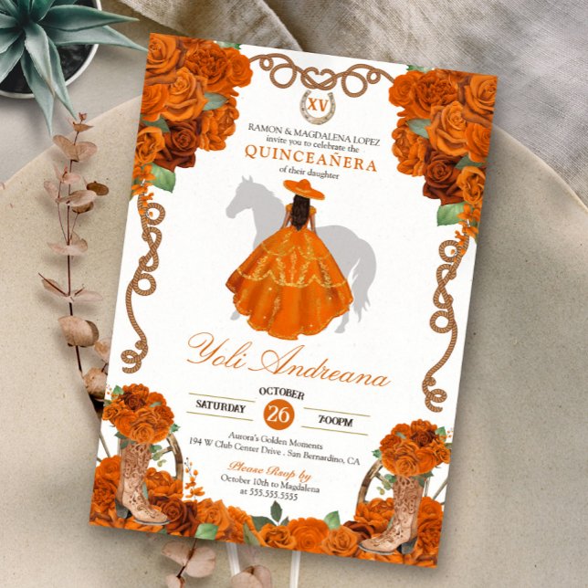 Orange Floral Western Charra Quinceanera Einladung (Von Creator hochgeladen)