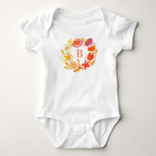 Orange Floral Wreath Baby Girl Initial Monogram Strampler