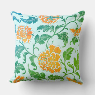Orange Florals and Greenery on Light Blue Kissen