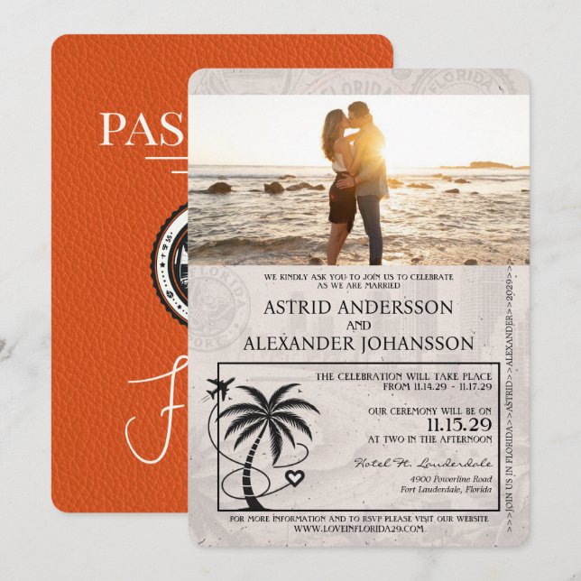 Orange Florida Passport Hochzeitseinladung Einladung (Vorne/Hinten)