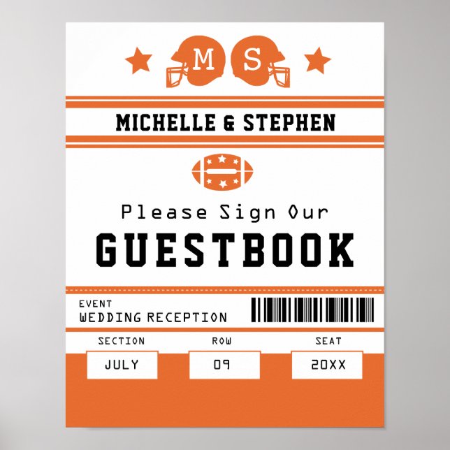 Orange Football Ticket Wedding Gästebuchunterschri Poster (Vorne)