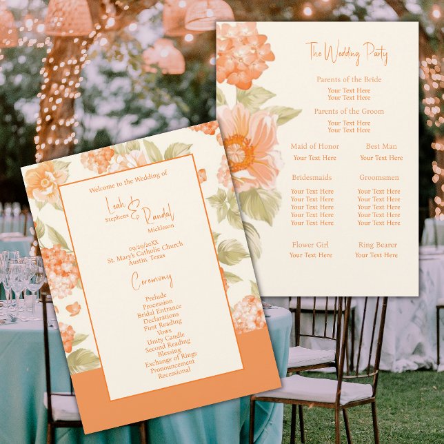 Orange Foral Wedding Program Einladung (Von Creator hochgeladen)