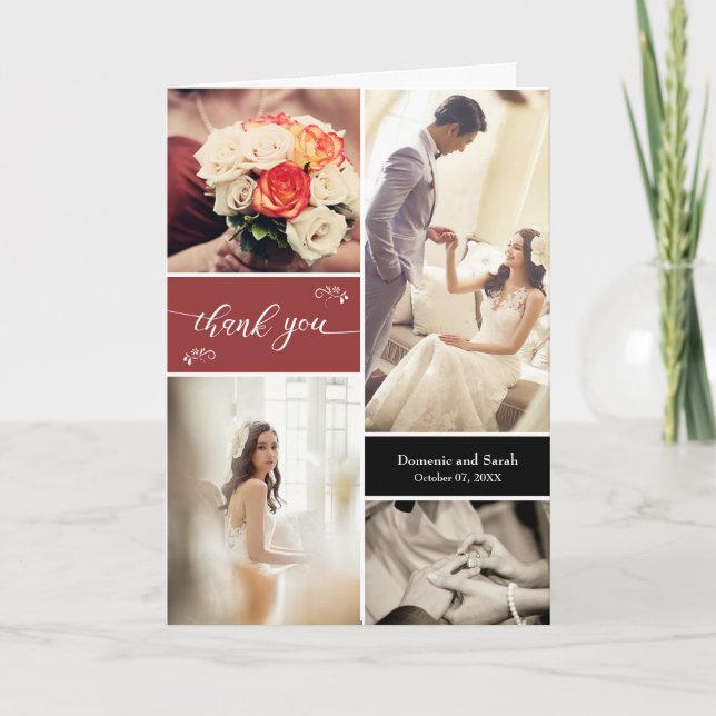 Orange Foto Collage Rustic Wedding Vielen Dank Karte (Vorderseite)