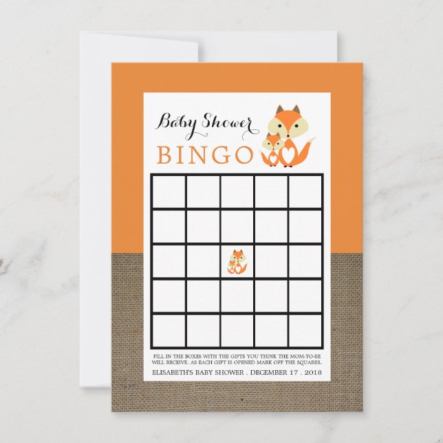 Orange Fox Burlap Baby Dusche Bingo (Vorderseite)