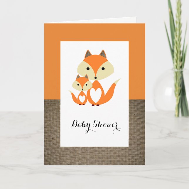 Orange Fox Burlap Baby Dusche Einladung (Vorderseite)