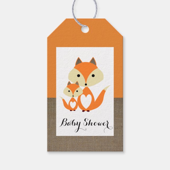 Orange Fox Burlap Baby Dusche Geschenkanhänger (Vorderseite)