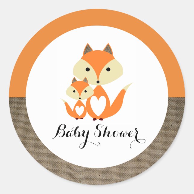 Orange Fox Burlap Baby Dusche Runder Aufkleber (Vorderseite)