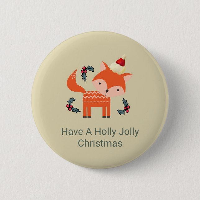 Orange Fox in Weihnachtsmannmütze Niedliche Whimsi Button (Vorderseite)