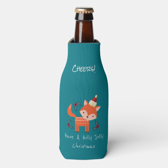 Orange Fox in Weihnachtsmannmütze Niedliche Whimsi Flaschenkühler (Flaschenvorderseite)